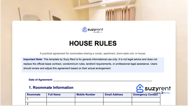 Document Template Showing "House Rules" with Suzy Rent Logo and Apartment Background