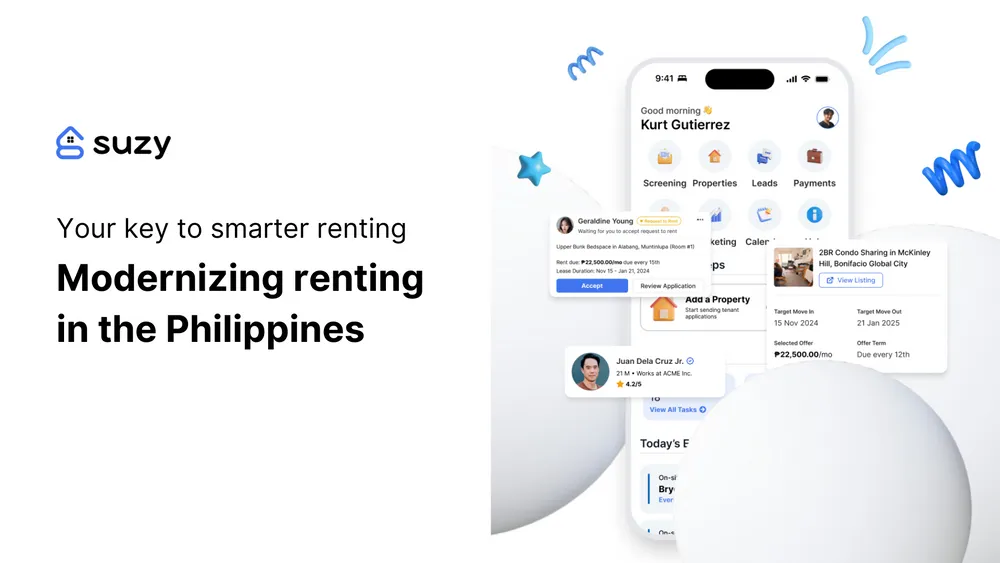 Image contains: "Your key to smarter renting, Modernizing renting in the Philippines" and a mobile phone with the SuzyRent app